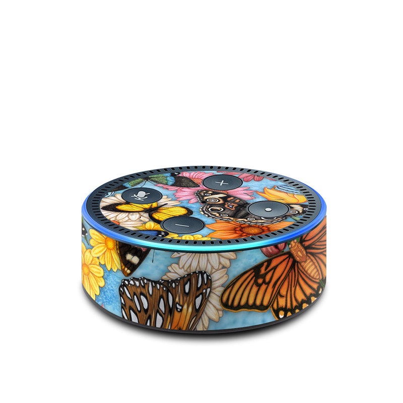 Amazon Echo Dot 2nd Gen Skin design of Cynthia (subgenus), Butterfly, Monarch butterfly, Moths and butterflies, Brush-footed butterfly, Pollinator, Insect, Pattern, Design, Organism, with blue, pink, orange, yellow, red colors