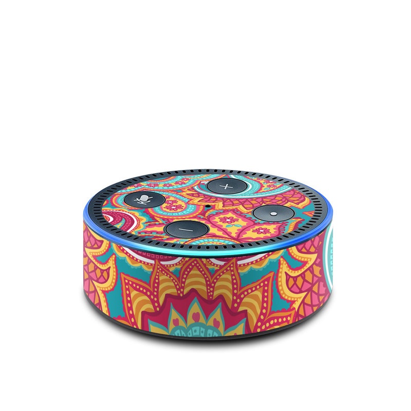 Amazon Echo Dot 2nd Gen Skin design of Pattern, Paisley, Motif, Visual arts, Design, Art, Textile, Psychedelic art, with orange, yellow, blue, red colors