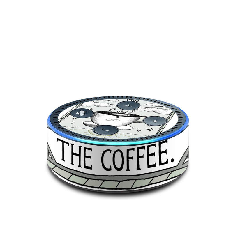 Amazon Echo Dot 2nd Gen Skin design of Cup, Cartoon, Drinkware, Coffee cup, Tableware, Teacup, Illustration, Drink, Line art, with white, black, green, gray, yellow colors