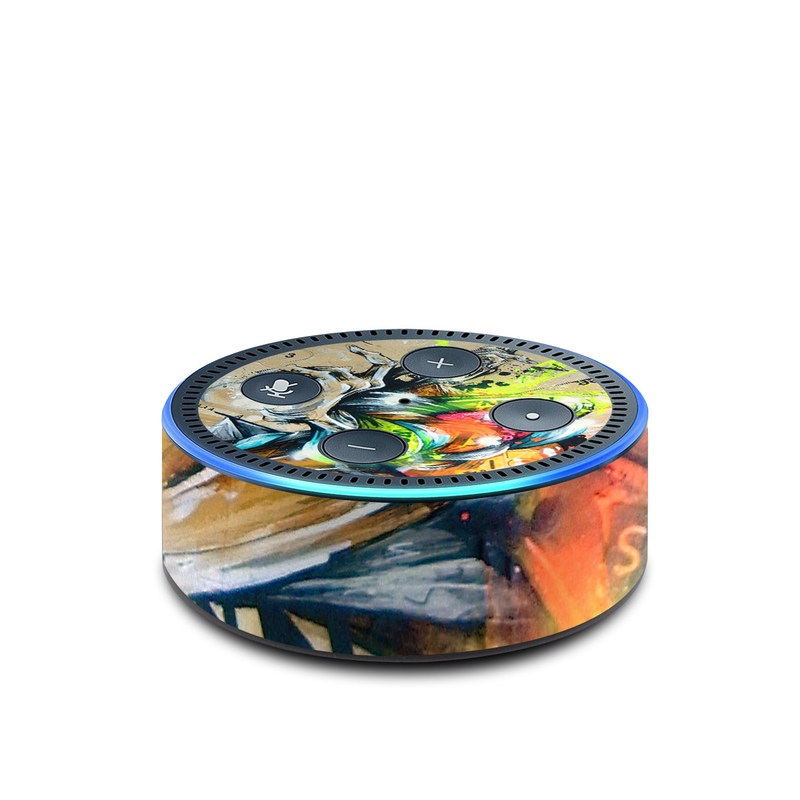 Amazon Echo Dot 2nd Gen Skin design of Graphic design, Art, Illustration, Fictional character, Visual arts, Graphics, Painting, Watercolor paint, Modern art, Games, with gray, black, green, red, orange, pink colors