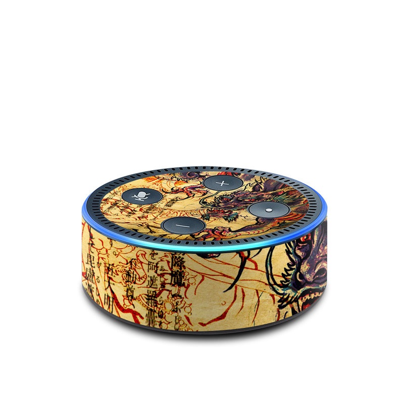 Amazon Echo Dot 2nd Gen Skin design of Illustration, Fictional character, Art, Demon, Drawing, Visual arts, Dragon, Supernatural creature, Mythical creature, Mythology, with black, green, red, gray, pink, orange colors