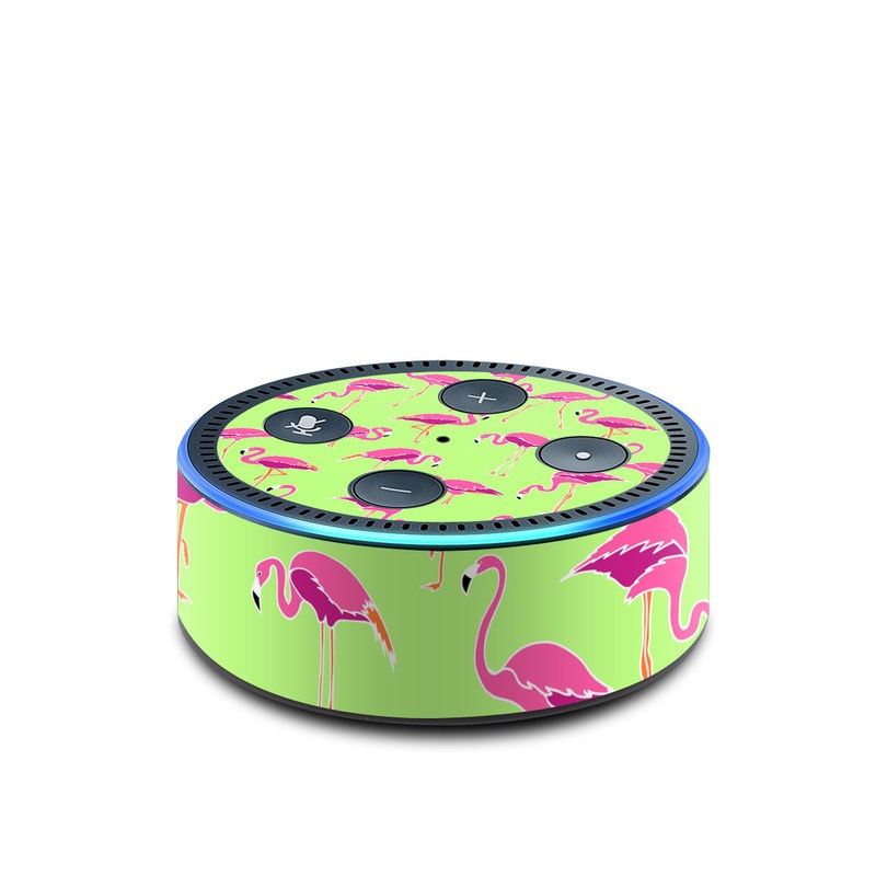 Amazon Echo Dot 2nd Gen Skin design of Pink, Green, Red, Pattern, Wrapping paper, Textile, Design, Flamingo, Line, with pink, green colors