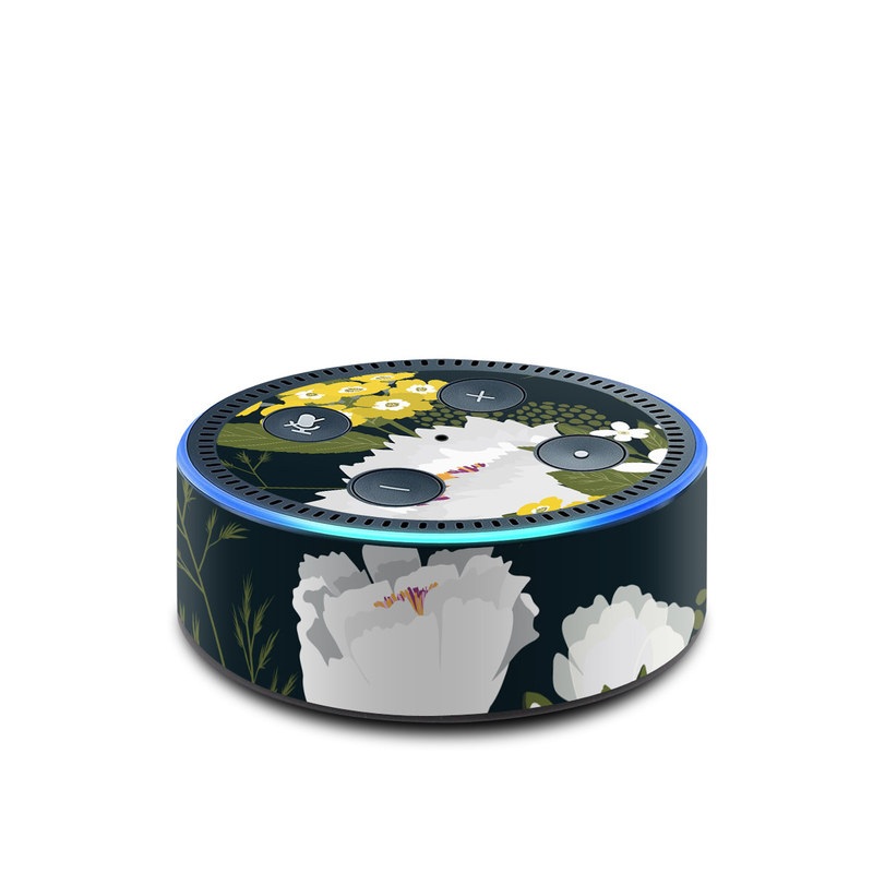 Amazon Echo Dot 2nd Gen Skin design of Flower, Flowering plant, Plant, Petal, Daisy, mayweed, Wildflower, Floral design, Annual plant, with green, yellow, white, orange colors
