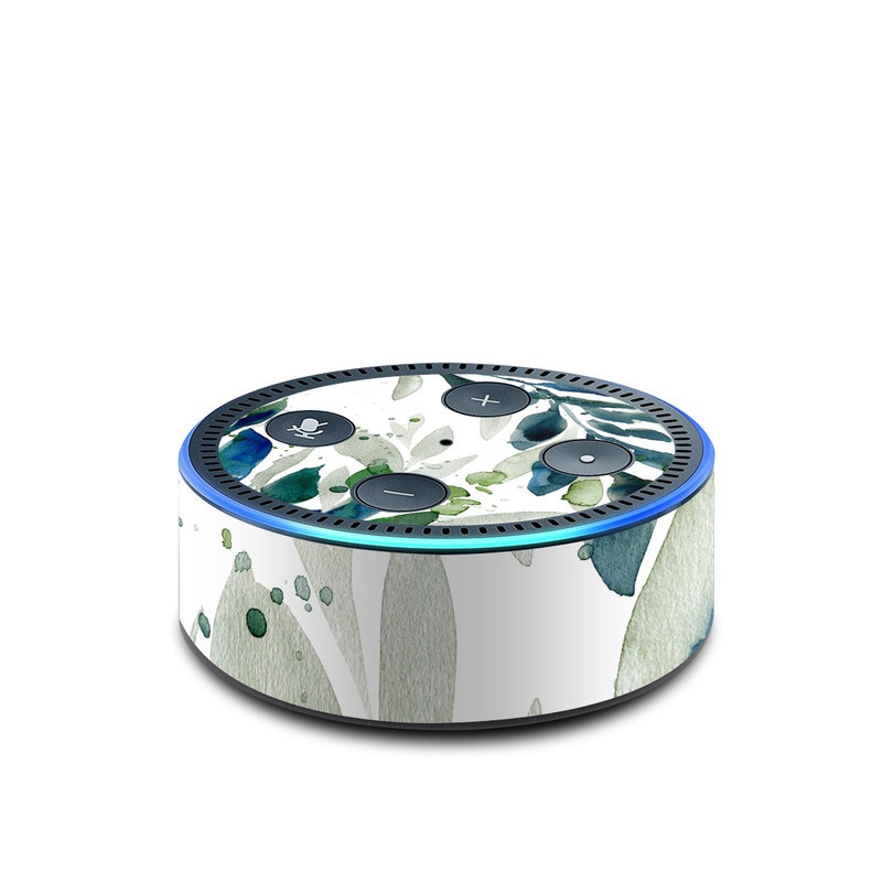 Amazon Echo Dot 2nd Gen Skin design of Leaf, Branch, Plant, Tree, Botany, Flower, Design, Eucalyptus, Pattern, Watercolor paint, with white, blue, green, gray colors