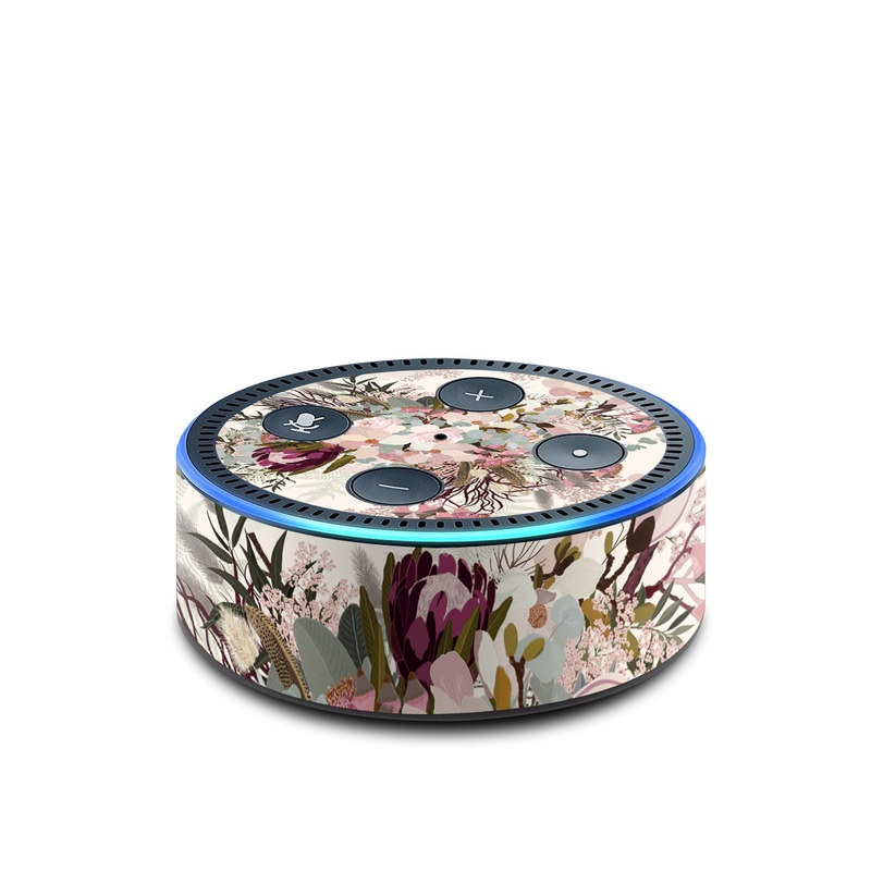 Amazon Echo Dot 2nd Gen Skin design of Pink, Pattern, Lilac, Flower, Plant, Petal, Floral design, Textile, Design, Blossom, with white, red, pink, blue, brown colors