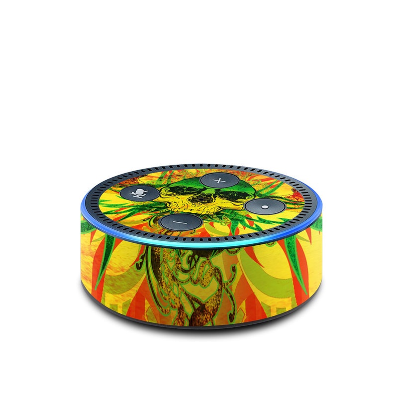 Amazon Echo Dot 2nd Gen Skin design of Psychedelic art, Skull, Illustration, Bone, Art, Graphic design, Visual arts, Poster, Plant, Painting, with green, orange, black, red colors