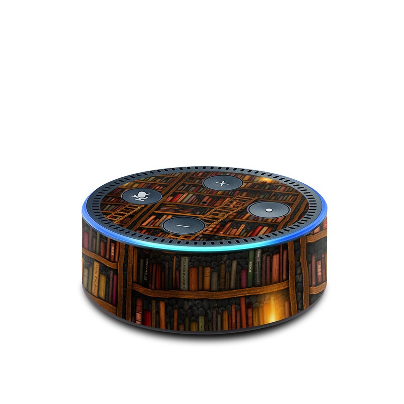 Amazon Echo Dot 2nd Gen Skin design of Shelving, Library, Bookcase, Shelf, Furniture, Book, Building, Publication, Room, Darkness, with black, red colors