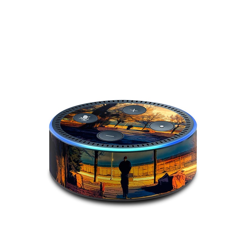 Amazon Echo Dot 2nd Gen Skin design of Sky, Nature, Natural landscape, Tree, Cloud, Sunset, Evening, Morning, Sunrise, Horizon, with black, brown, yellow, orange, blue colors
