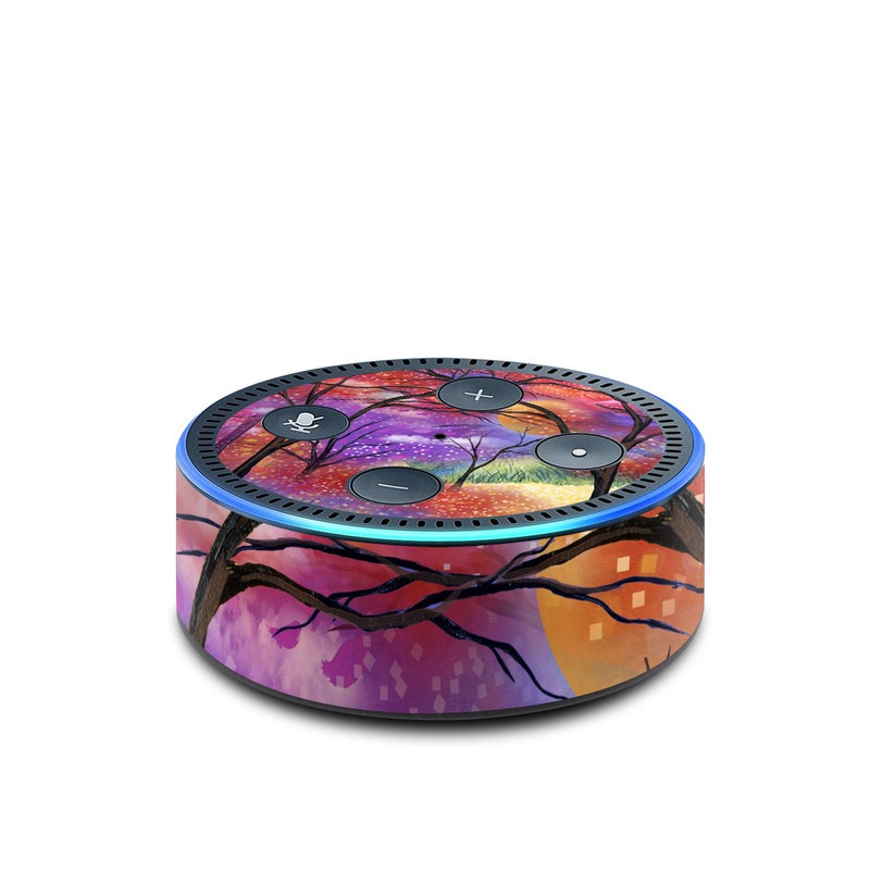 Amazon Echo Dot 2nd Gen Skin design of Nature, Tree, Natural landscape, Painting, Watercolor paint, Branch, Acrylic paint, Purple, Modern art, Leaf, with red, purple, black, gray, green, blue colors