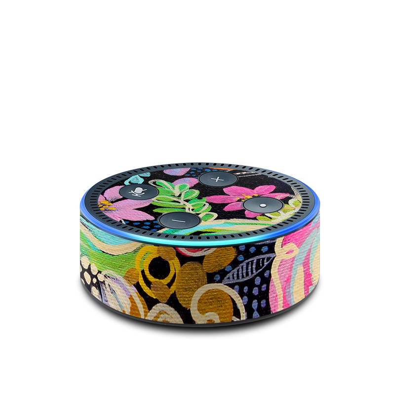 Amazon Echo Dot 2nd Gen Skin design of Pattern, Floral design, Design, Textile, Visual arts, Art, Graphic design, Psychedelic art, Plant, with black, gray, green, red, blue colors