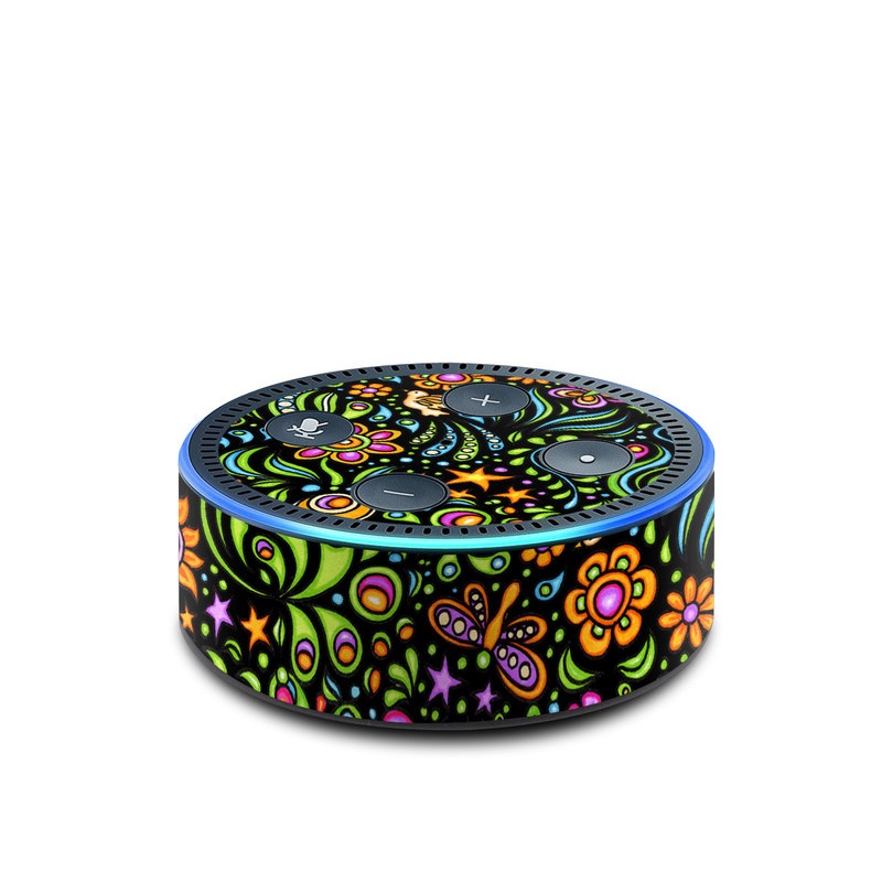 Amazon Echo Dot 2nd Gen Skin design of Pattern, Psychedelic art, Visual arts, Art, Design, Motif, Organism, Circle, Textile, Plant, with black, red, green, blue, purple colors