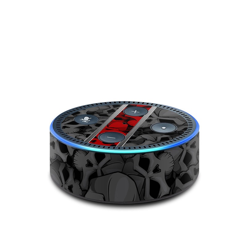 Amazon Echo Dot 2nd Gen Skin design of Font, Text, Pattern, Design, Graphic design, Black-and-white, Monochrome, Graphics, Illustration, Art, with black, red, gray colors