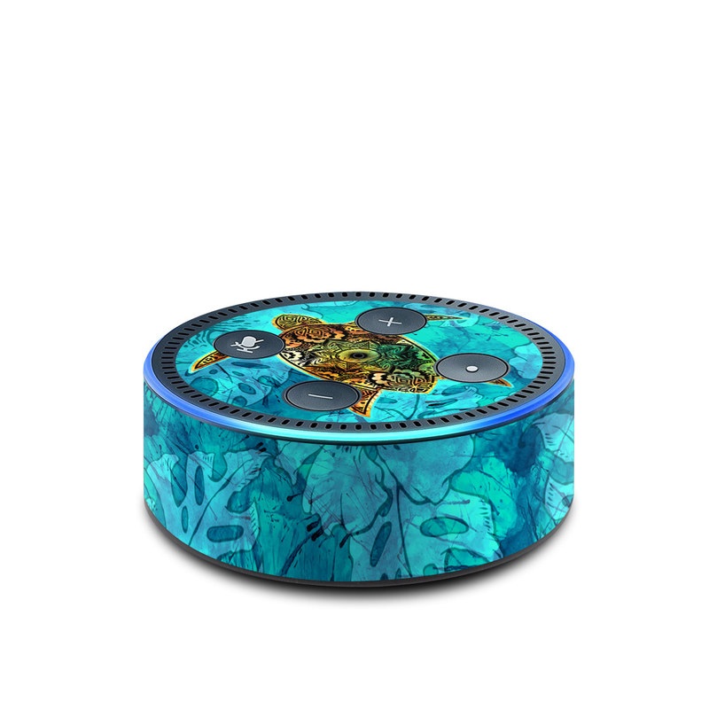Amazon Echo Dot 2nd Gen Skin design of Sea turtle, Green sea turtle, Turtle, Hawksbill sea turtle, Tortoise, Reptile, Loggerhead sea turtle, Illustration, Art, Pattern, with blue, black, green, gray, red colors