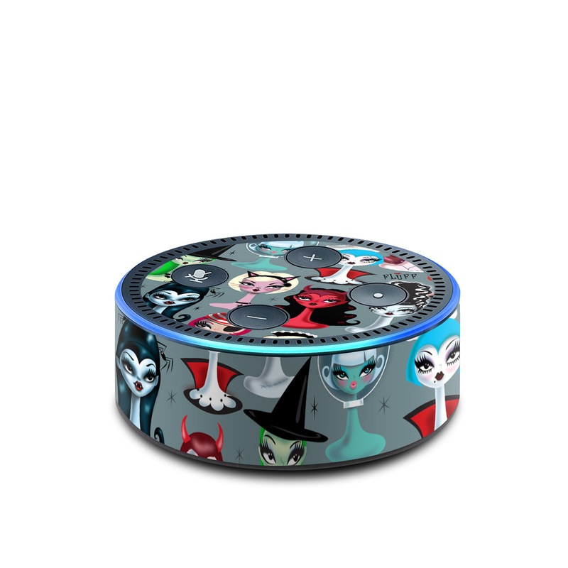 Amazon Echo Dot 2nd Gen Skin design of Facial expression, Head, Design, Collection, Fictional character, Pattern, Skull, Illustration, Collage, Style, with gray, white, red, blue, green, black, pink, purple colors