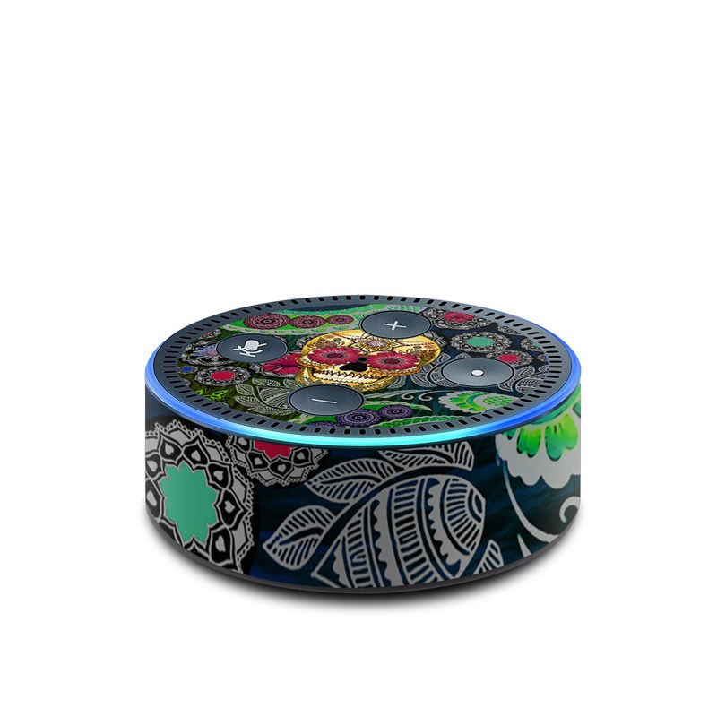 Amazon Echo Dot 2nd Gen Skin design of Skull, Bone, Pattern, Psychedelic art, Visual arts, Design, Illustration, Art, Textile, Plant, with black, red, gray, green, blue colors