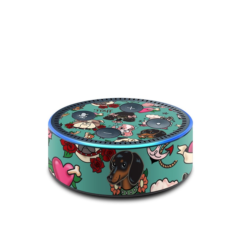Amazon Echo Dot 2nd Gen Skin design of Cartoon, Pattern, Illustration, Design, Crowd, Textile, Art, with blue, brown, red, white, black, green, gray colors