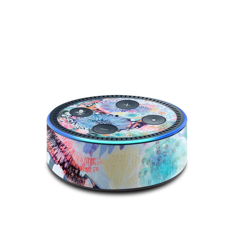 Amazon Echo Dot 2nd Gen Skin design of Pattern, Aqua, Textile, Design, Watercolor paint, Visual arts, Flower, Art, Plant, Illustration, with blue, orange, pink, purple, green, white colors