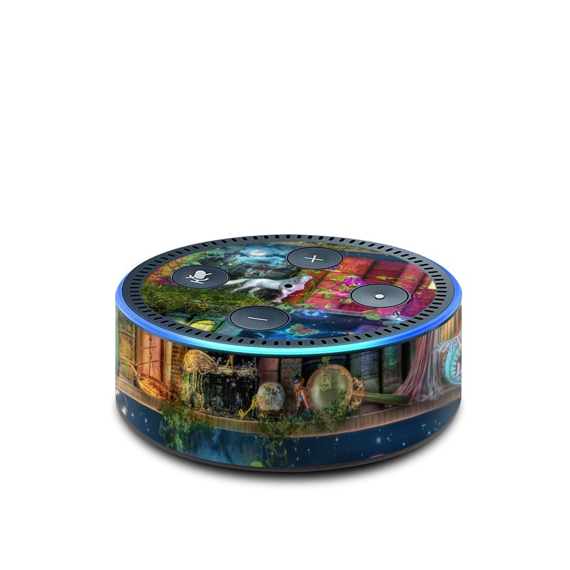 Amazon Echo Dot 2nd Gen Skin design of Painting, Art, Theatrical scenery, with black, red, gray, green, blue colors
