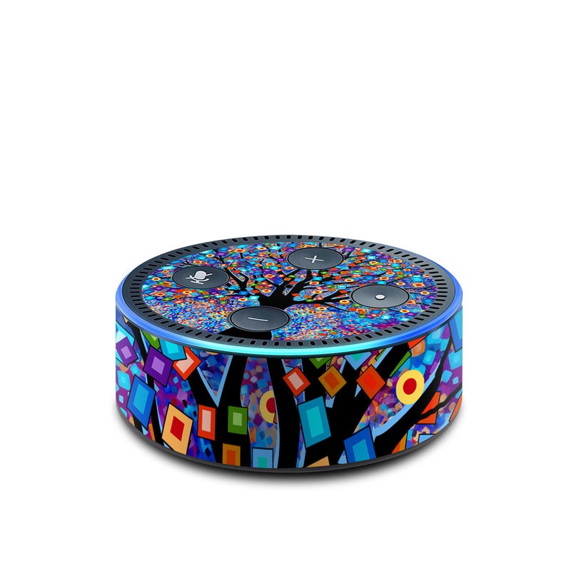Amazon Echo Dot 2nd Gen Skin design of Psychedelic art, Modern art, Art, with black, blue, red, orange, yellow, green, purple colors