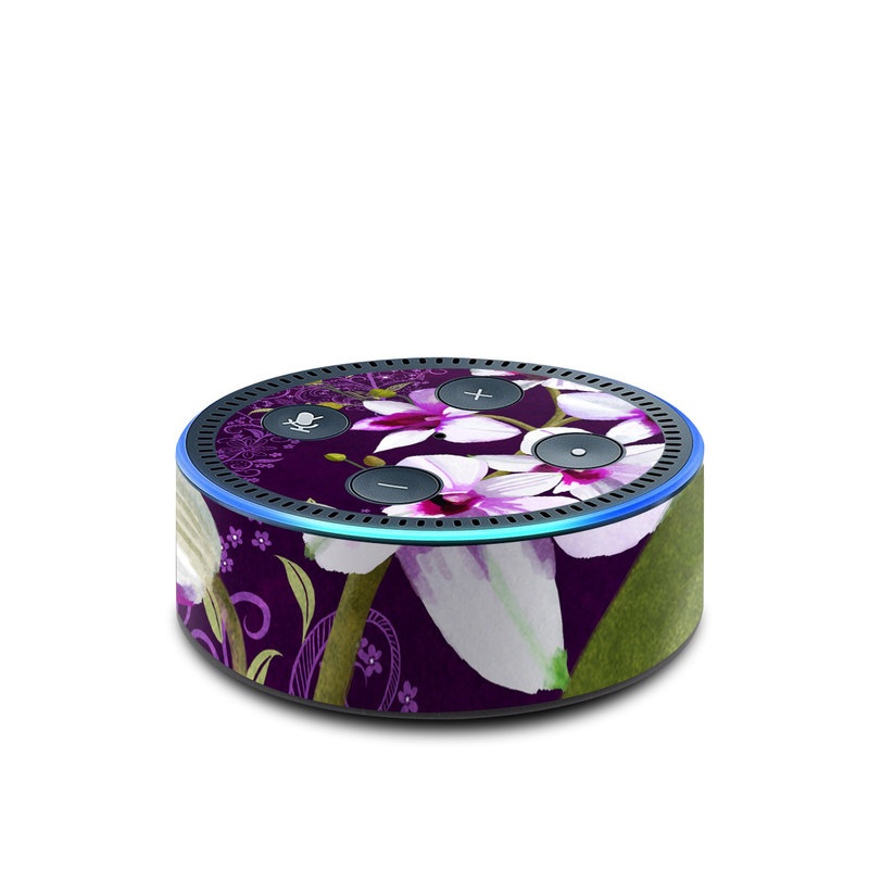 Amazon Echo Dot 2nd Gen Skin design of Flower, Purple, Petal, Violet, Lilac, Plant, Flowering plant, cooktown orchid, Botany, Wildflower, with black, gray, white, purple, pink colors