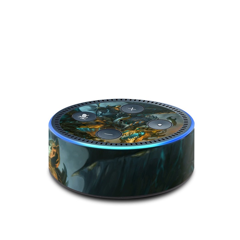 Amazon Echo Dot 2nd Gen Skin design of Dragon, Cg artwork, Fictional character, Mythical creature, Demon, Mythology, Illustration, Cryptid, Art, with orange, yellow, black, brown, blue, white colors