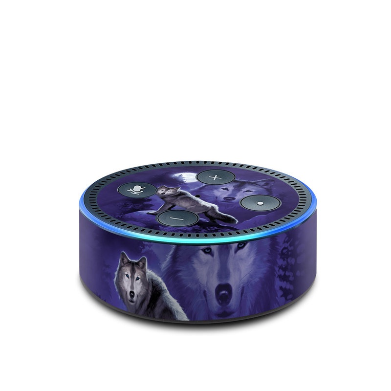 Amazon Echo Dot 2nd Gen Skin design of Wolf, Canidae, canis lupus tundrarum, Canis, Wolfdog, Dog, Native american indian dog, Wildlife, Sakhalin husky, Moonlight, with blue, black, gray colors