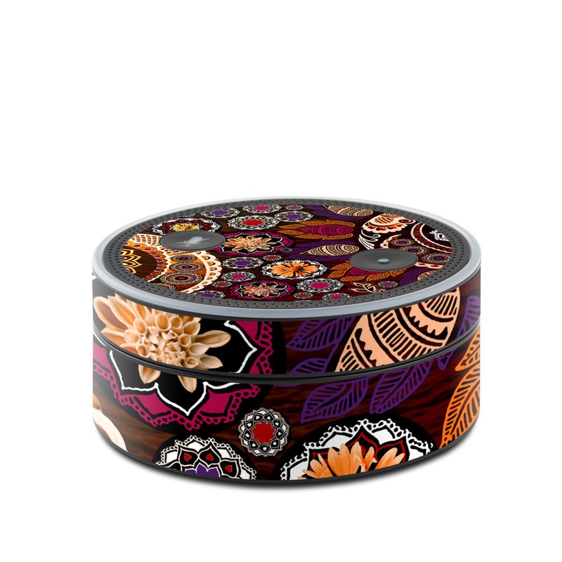 Amazon Echo Dot 1st Gen Skin design of Pattern, Motif, Visual arts, Design, Art, Floral design, Textile, Paisley, Tapestry, Circle, with brown, purple, red, white, black colors