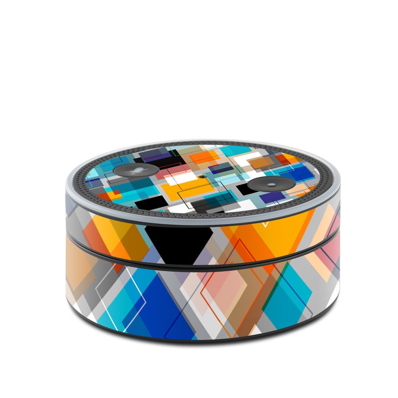 Amazon Echo Dot 1st Gen Skin design of Pattern, Line, Design, Colorfulness, Plaid, Tints and shades, Textile, Symmetry, Square, with black, blue, red, orange, white colors