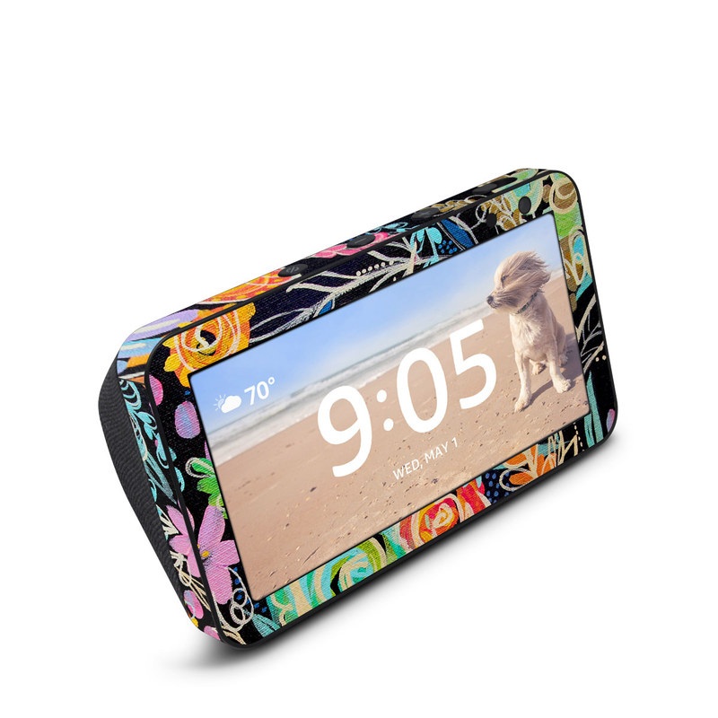 Amazon Echo Show 5 Skin design of Pattern, Floral design, Design, Textile, Visual arts, Art, Graphic design, Psychedelic art, Plant, with black, gray, green, red, blue colors