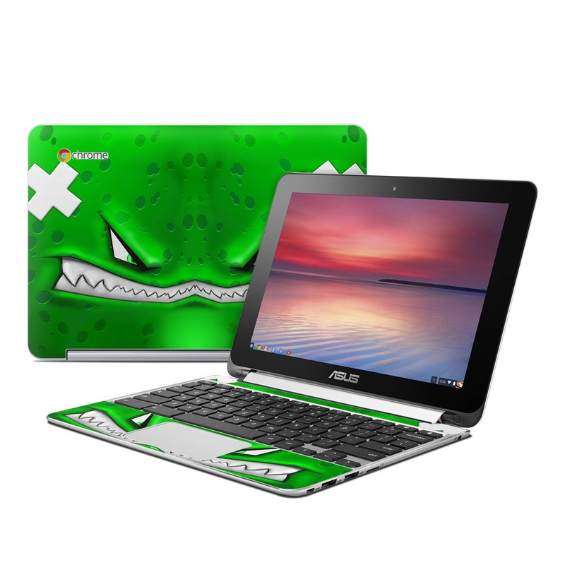 Asus Chromebook Flip C100 Skin design of Green, Font, Animation, Logo, Graphics, Games, with green, white colors