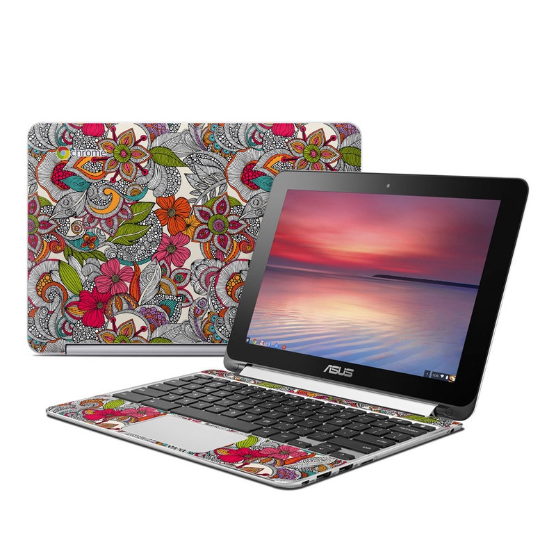 Asus Chromebook Flip C100 Skin design of Pattern, Drawing, Visual arts, Art, Design, Doodle, Floral design, Motif, Illustration, Textile, with gray, red, black, green, purple, blue colors
