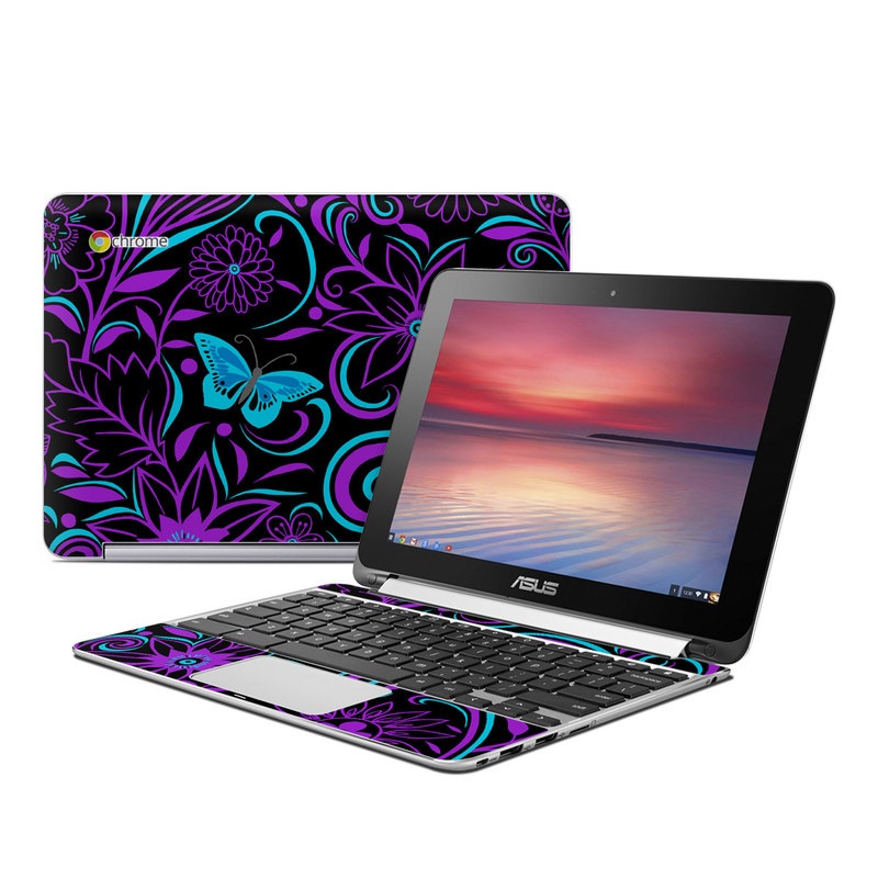 Asus Chromebook Flip C100 Skin design of Pattern, Purple, Violet, Turquoise, Teal, Design, Floral design, Visual arts, Magenta, Motif, with black, purple, blue colors