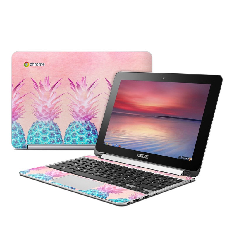 Asus Chromebook Flip C100 Skin design of Pineapple, Ananas, Pink, Fruit, Plant, Bromeliaceae, Pattern, Poales, with pink, blue, orange colors