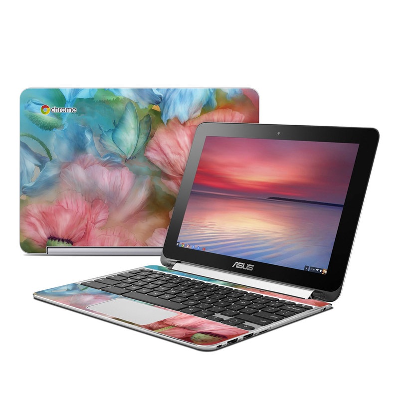 Asus Chromebook Flip C100 Skin design of Flower, Petal, Watercolor paint, Painting, Plant, Flowering plant, Pink, Botany, Wildflower, Still life, with gray, blue, black, red, green colors