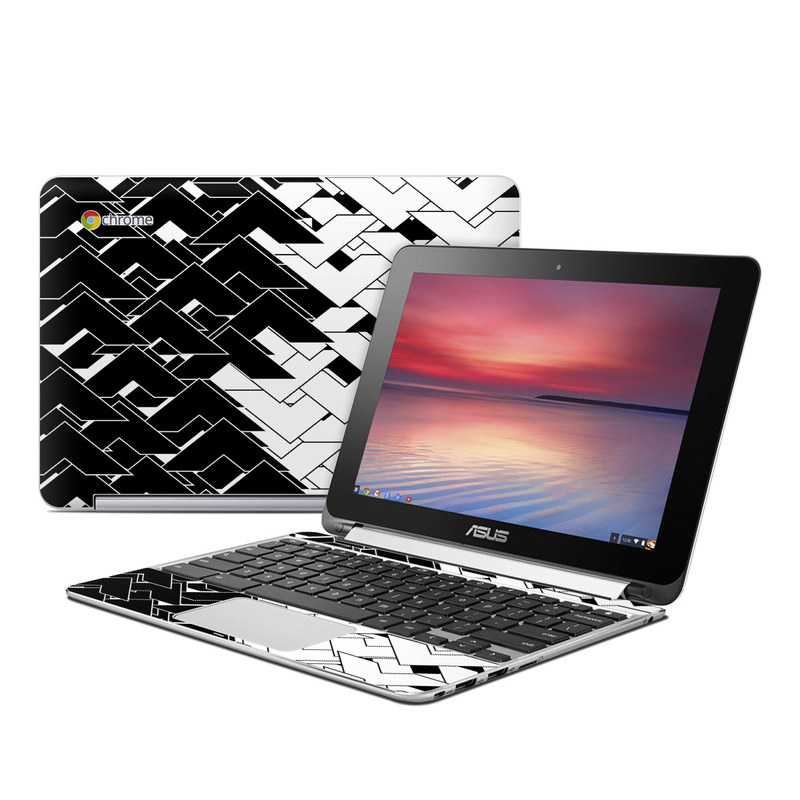 Asus Chromebook Flip C100 Skin design of Pattern, Black, Black-and-white, Monochrome, Monochrome photography, Line, Design, Parallel, Font, with black, white colors