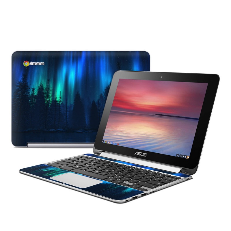 Asus Chromebook Flip C100 Skin design of Blue, Light, Natural environment, Tree, Sky, Forest, Darkness, Aurora, Night, Electric blue, with black, blue colors