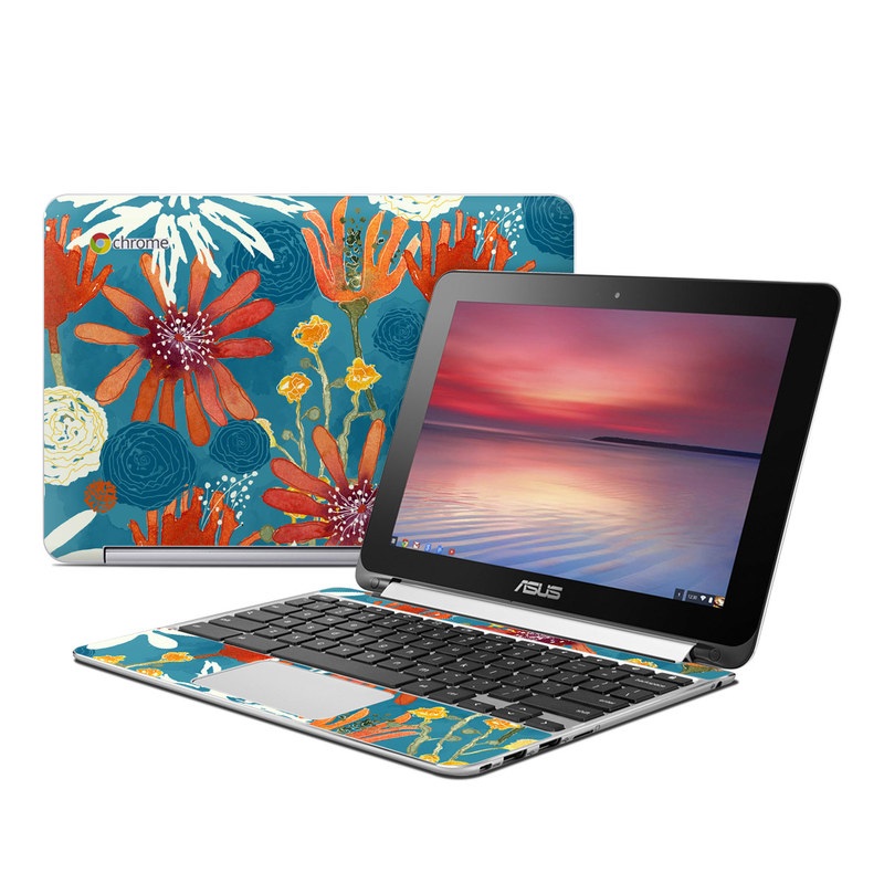 Asus Chromebook Flip C100 Skin design of Pattern, Visual arts, Wrapping paper, Design, Wildflower, Floral design, Textile, Flower, Plant, Motif, with blue, red, gray, yellow, green colors
