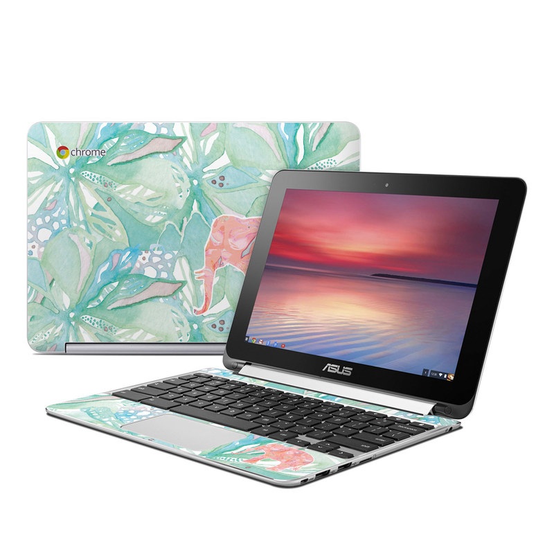 Asus Chromebook Flip C100 Skin design of Aqua, Turquoise, Pattern, Wrapping paper, Design, Illustration, Plant, Gift wrapping, Art, with blue, pink, white, green colors