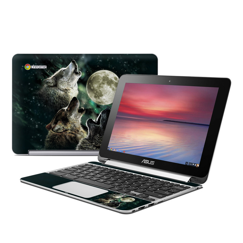 Asus Chromebook Flip C100 Skin design of Wolf, Light, Astronomical object, Moon, Wildlife, Organism, Moonlight, Sky, Atmosphere, Celestial event, with black, gray, green colors