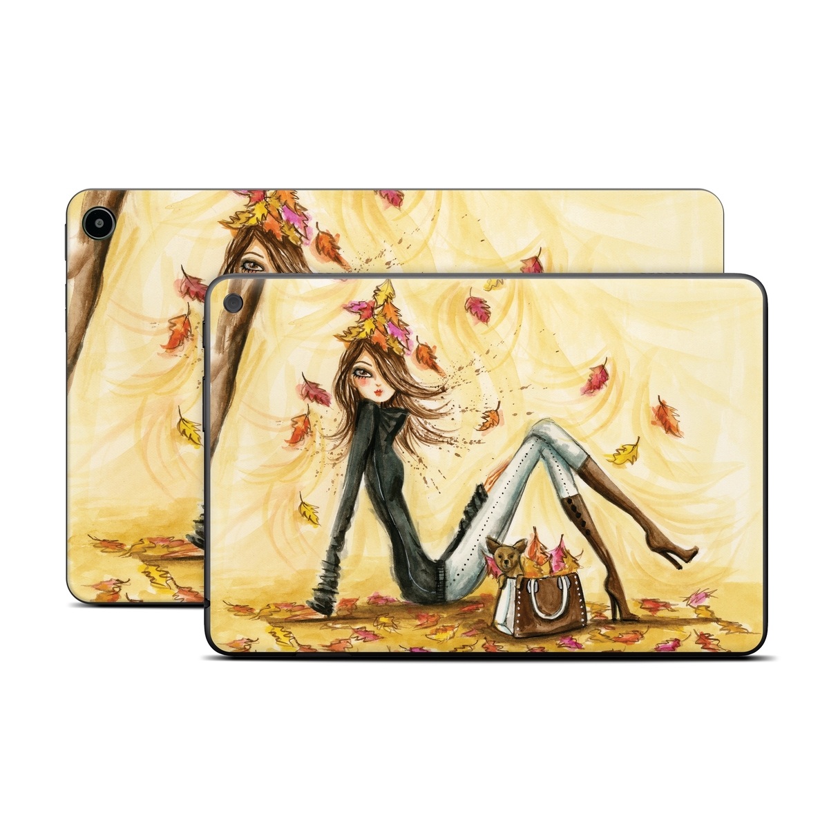 Amazon Fire Tablet Series Skin Skin design of Painting, Watercolor paint, Tree, Art, Illustration, Plant, Modern art, Visual arts, Still life, Fictional character, with yellow, red, brown, orange, black, white colors