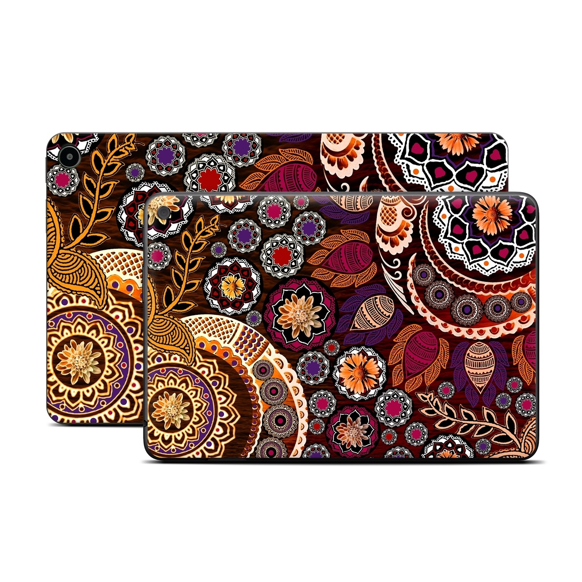Amazon Fire Tablet Series Skin Skin design of Pattern, Motif, Visual arts, Design, Art, Floral design, Textile, Paisley, Tapestry, Circle, with brown, purple, red, white, black colors