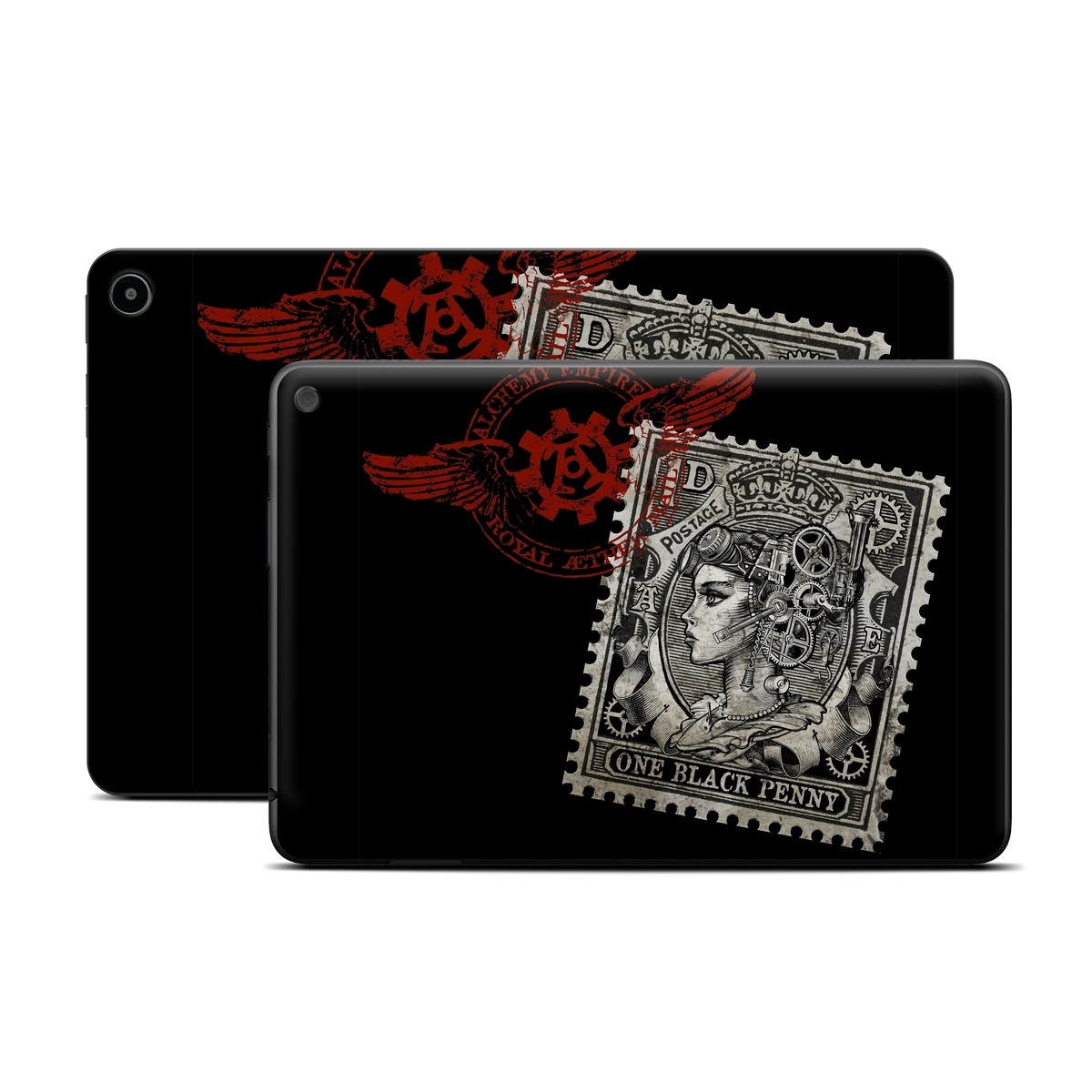 Amazon Fire Tablet Series Skin Skin design of Font, Postage stamp, Illustration, Drawing, Art, with black, gray, red colors