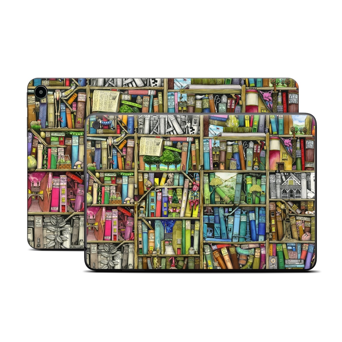 Amazon Fire Tablet Series Skin Skin design of Collection, Art, Visual arts, Bookselling, Shelving, Painting, Building, Shelf, Publication, Modern art, with brown, green, blue, red, pink colors