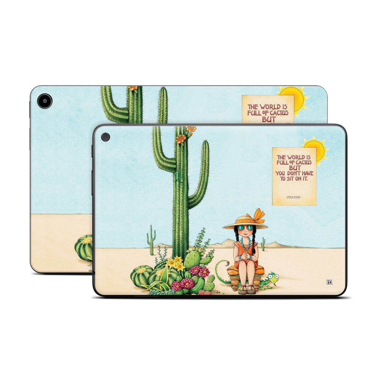 Amazon Fire Tablet Series Skin Skin design of Cartoon, Cactus, Illustration, Animated cartoon, Plant, Vegetable, Fictional character, Art, with green, yellow, pink, orange, brown colors