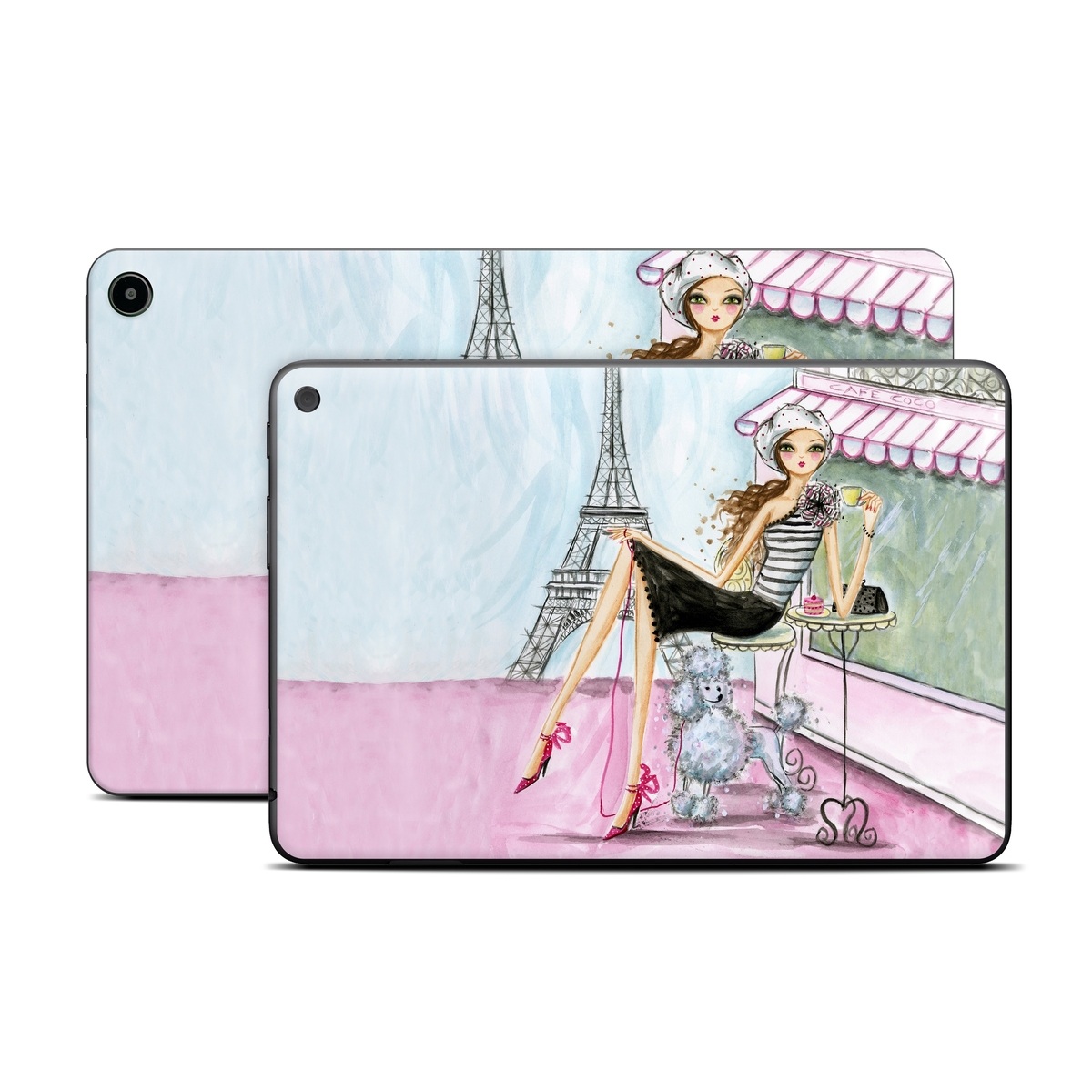 Amazon Fire Tablet Series Skin Skin design of Pink, Illustration, Sitting, Konghou, Watercolor paint, Fashion illustration, Art, Drawing, Style, with gray, purple, blue, black, pink colors