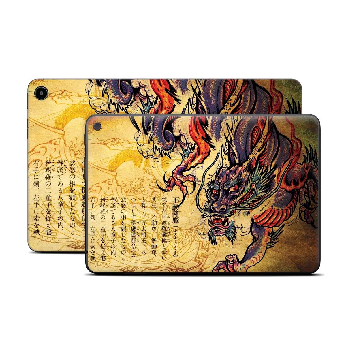 Amazon Fire Tablet Series Skin Skin design of Illustration, Fictional character, Art, Demon, Drawing, Visual arts, Dragon, Supernatural creature, Mythical creature, Mythology, with black, green, red, gray, pink, orange colors