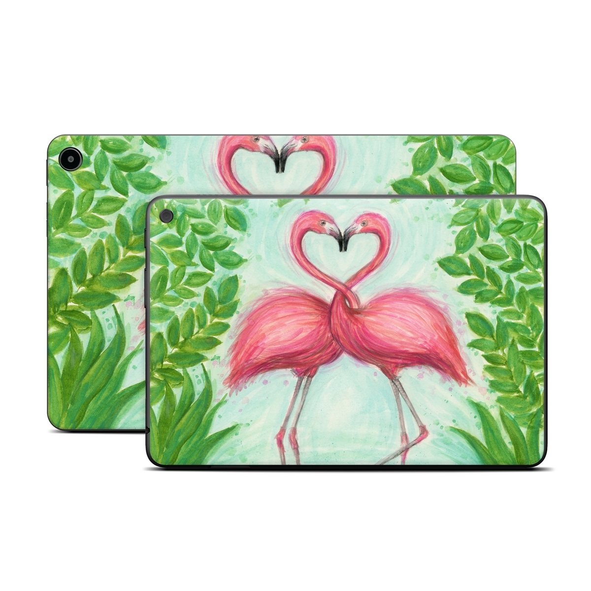 Amazon Fire Tablet Series Skin Skin design of Flamingo, Greater flamingo, Bird, Water bird, Pink, Illustration, Watercolor paint, Organism, Drawing, Stork, with pink, blue, green colors