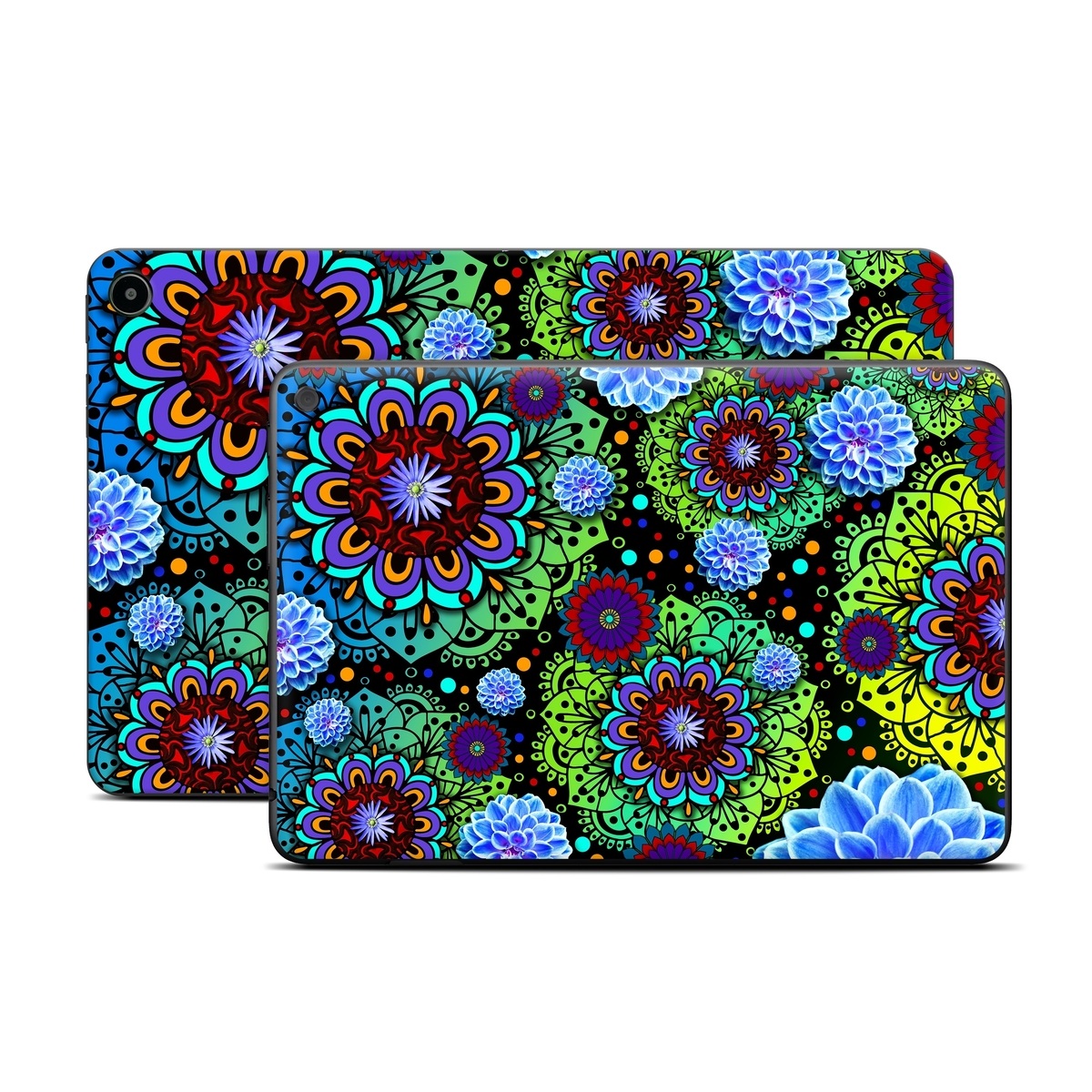 Amazon Fire Tablet Series Skin Skin design of Pattern, Psychedelic art, Design, Flower, Art, Visual arts, Floral design, Plant, Textile, Symmetry, with black, blue, green, purple colors