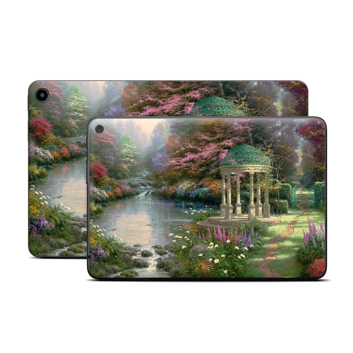 Amazon Fire Tablet Series Skin Skin design of Nature, Natural landscape, Tree, Botany, Water, Garden, Gazebo, Spring, Plant, Reflection, with black, gray, green, red, purple colors
