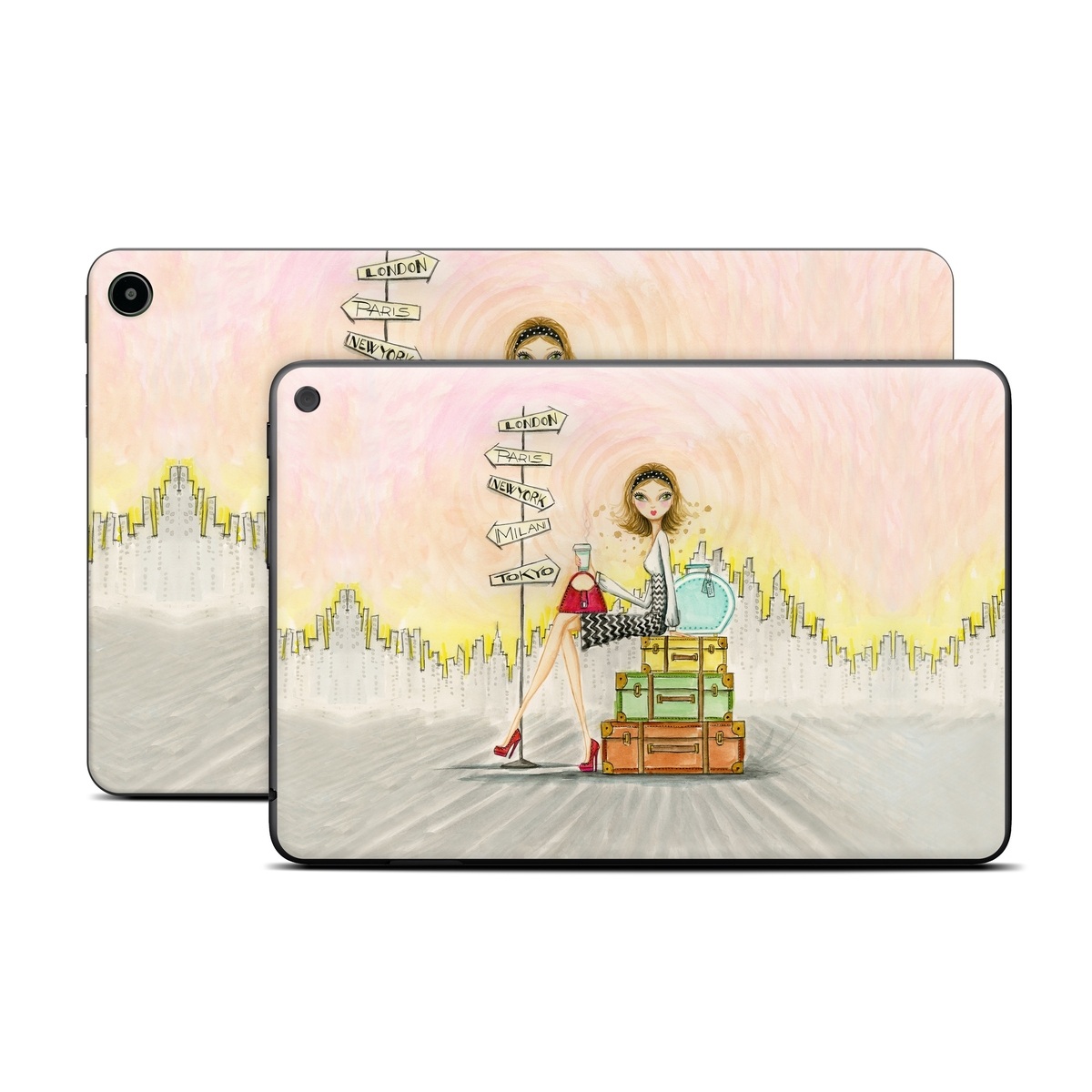 Amazon Fire Tablet Series Skin Skin design of Cartoon, Illustration, Art, Watercolor paint, with gray, pink, green, red, black colors